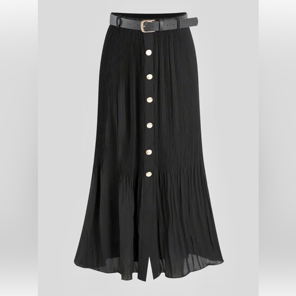 Black pleated midi skirt, textured gold button front closure & removable belt - Picture 4 of 7